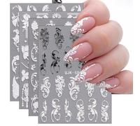 jmeowio 3D Embossed Black White Flower Nail Art Stickers Decals Self-Adhesive 5D Leaves Line Nail Supplies Nail Art Design Decoration Accessories 4 Sheets