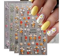 JMEOWIO 3D Embossed Flower Nail Art Stickers Decals Self-Adhesive 5D Autumn Nail Supplies Nail Art Design Decoration Accessories 4 Sheets
