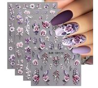 JMEOWIO 3D Embossed Flower Nail Art Stickers Decals Self-Adhesive 5D Spring Summer Floral Nail Supplies Nail Art Design Decoration Accessories 4 Sheets