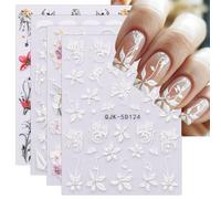 JMEOWIO 3D Embossed Flower Nail Art Stickers Decals Self-Adhesive 5D Spring Summer Floral Nail Supplies Nail Art Design Decoration Accessories 4 Sheets