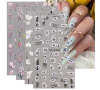 JMEOWIO 3D Embossed Flower Nail Art Stickers Decals Self-Adhesive 5D Spring Summer Floral Nail Supplies Nail Art Design Decoration Accessories 4 Sheets