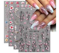 JMEOWIO 3D Embossed Flower Nail Art Stickers Decals Self-Adhesive 5D Spring Summer Floral Nail Supplies Nail Art Design Decoration Accessories 4 Sheets