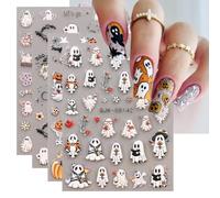 JMEOWIO 3D Embossed Halloween Nail Art Stickers Decals Self-Adhesive 5D Cute Ghost Red Heart Nail Supplies Nail Art Design Decoration Accessories 4 Sheets