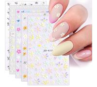 jmeowio 3D Embossed Spring Flowers Nail Art Stickers Decals 5 Sheets 5D Self-Adhesive Colorful Blossom Floral Nail Supplies Nail Art Design Decoration Accessories
