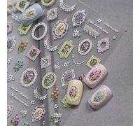 JMEOWIO 3D Embossed Vintage Flower Frame Nail Art Stickers Decals Self-Adhesive 5D Nail Supplies Nail Art Design Decoration Accessories 1 Sheets