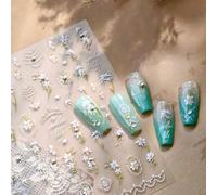 JMEOWIO 3D Embossed White Flower Nail Art Stickers Decals Self-Adhesive 5D Nail Supplies Nail Art Design Decoration Accessories 1 Sheets
