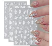 JMEOWIO 6 Sheets 3D Embossed Flower White Nail Art Stickers Decals Self-Adhesive 5D Spring Summer Floral Nail Supplies Nail Art Design Decoration Accessories