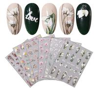 JMEOWIO 6 Sheets 3D Embossed Spring Flower Nail Art Stickers Decals Self-Adhesive 5D Colorful Summer Floral White Nail Supplies Nail Art Design Decoration Accessories
