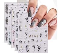 JMEOWIO 6 Sheets 3D Embossed Spring Flower Nail Art Stickers Decals Self-Adhesive 5D Colorful Summer Floral Nail Supplies Nail Art Design Decoration Accessories