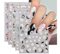 JMEOWIO 6 Sheets 3D Embossed Spring Flower Nail Art Stickers Decals Self-Adhesive 5D Colorful Summer Floral Daisy Nail Supplies Nail Art Design Decoration Accessories