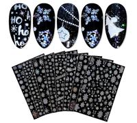 JMEOWIO 8 Sheets Christmas Glitter Nail Art Stickers Decals Self-Adhesive White Silver Nail Supplies Design Decoration Accessories