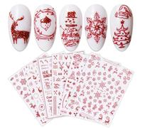 JMEOWIO 9 Sheets Christmas Glitter Nail Art Stickers Decals Self-Adhesive Red Nail Supplies Nail Art Design Decoration Accessories