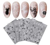 JMEOWIO 9 Sheets Christmas Glitter Nail Art Stickers Decals Self-Adhesive White Black Nail Supplies Nail Art Design Decoration Accessories