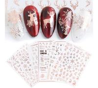 JMEOWIO 9 Sheets Christmas Nail Art Stickers Decals Self Adhesive Nail Stickers Snowflake Reindeer Pattern DIY Decoration Tools Accessories Long Beauty for Women Girls, Rose Gold