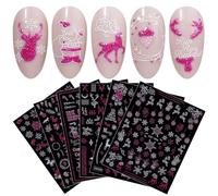 JMEOWIO 9 Sheets Christmas Pink Glitter Nail Art Stickers Decals Self-Adhesive Snowflake Winter Holiday Nail Supplies Nail Art Design Decoration Accessories