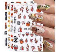 JMEOWIO 9 Sheets Fall Autumn Nail Art Stickers Decals Self-Adhesive Pumpkin Maple Leaf Thanksgiving Nail Supplies Nail Art Design Decoration Accessories