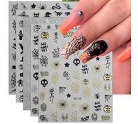 JMEOWIO 9 Sheets Halloween Nail Art Stickers Decals Self-Adhesive Pumpkin Spider Web Ghost Skull Witchy Bat Spook Black Gold Nail Supplies Nail Art Design Decoration Accessories