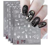 JMEOWIO 9 Sheets Halloween Nail Art Stickers Decals Self-Adhesive Silver Skull Ghost Witchy Bat Pumpkin Nail Supplies Nail Art Design Decoration Accessories