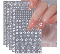 JMEOWIO 9 Sheets White Flower Nail Art Stickers Decals Self-Adhesive Spring Summer Floral Nail Supplies Nail Art Design Decoration Accessories