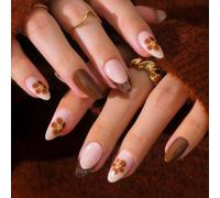 JMEOWIO Gel Nail Stickers Coffee Flower French Tip Semi Cured Gel Nail Strips Wraps UV/LED Nails Art Design Decoration Accessories