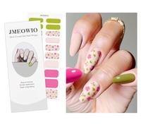 JMEOWIO Gel Nail Stickers Cream Pink Flower Green Semi Cured Gel Nail Strips Wraps UV/LED Nails Art Design Decoration Accessories