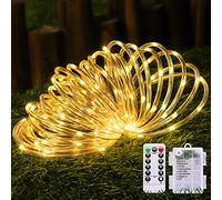 JMEXSUSS 100 LED Battery Operated Rope Lights Outdoor Waterproof, 33ft 8 Modes Battery Powered String Lights with Remote Outdoor for Trampoline Camping Tent Patio Garden Christmas Decor (Warm White)