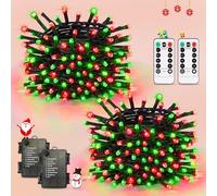 JMEXSUSS 2 Pack 100 LED Red & Green Christmas Lights, Battery Operated with Remote, Each 33 FT Battery String Lights - Indoor/Outdoor for Christmas & Halloween Decor
