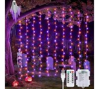 JMEXSUSS 200 LED Orange & Purple Halloween Curtain Lights Battery and USB Operated with Remote, 8 Modes Hanging String Lights for Bedroom, Halloween Lights Indoor Outdoor for Backdrop Party Decor