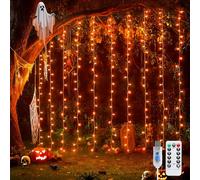 JMEXSUSS Orange Curtain Lights for Halloween, 200 LED Halloween Curtain String Lights USB Plug in, 8 Modes Orange Hanging Window Lights for Bedroom Party Indoor Outdoor Decorations