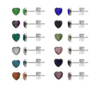 JMFENFA 12 Pairs Cats Eye Gemstone Stainless Steel Stud Earrings Multi Colored Gem Stone Stud Earrings Set for Women (Silver heart 6mm)