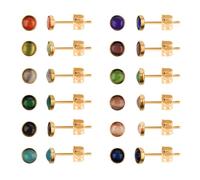 JMFENFA 12 Pairs Cats Eye Gemstone Stainless Steel Stud Earrings Multi Colored Gem Stone Stud Earrings Set for Women (Gold round 6mm)