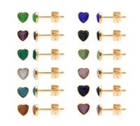 JMFENFA 12 Pairs Cats Eye Gemstone Stainless Steel Stud Earrings Multi Colored Gem Stone Stud Earrings Set for Women (Gold heart 6mm)