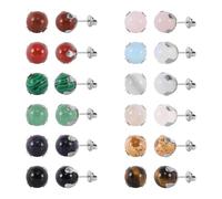 JMFENFA 12 Pairs Multi Natural Gemstone Round Bead Ball Stud Earrings Stainless Steel Tiger Eye Rose Quartz Onyx Opal Stone Stud Earrings Set for Women