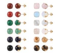 JMFENFA 12 Pairs Multi Natural Gemstone Round Bead Ball Stud Earrings Stainless Steel Tiger Eye Rose Quartz Onyx Opal Stone Stud Earrings Set for Women