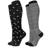 JMHACHY 2Packs Compression Socks for Women - 15-20 mmHg Graduated Circulation Support for Nurses, Athletes and Travel, Stripes / Little Hearts, L-XL