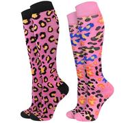 JMHACHY 2Packs Compression Socks for Women - 15-20 mmHg Graduated Circulation Support for Nurses, Athletes and Travel, Rose Red Leopard Print / Colorful Leopard Print, L-XL