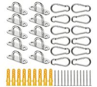 JMIATRY 12 Pcs M6 304 Stainless Steel Pad Eye Plate and 12 Pcs Carabiner Clips, Marine Hardware Staple Hook Loop with Screws and Plastic Plugs, Wall Anchor Ceiling Hook for Marine Hammock Rigging