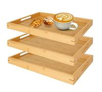JMIATRY Wooden Trays Set of 3, 14"x10"x1.2" Rectangular Bamboo Tray with Handles, Breakfast Food Tray for Eating, Serving Trays for Dinner Tea Dessert