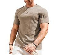 JMIERR Mens T-Shirt Summer Muscle Fit Casual Stretch Solid Crewneck Short Sleeve Tees Textured Shirts,Khaki,XL