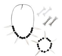 Jmkcoz 6 Pcs Halloween Caveman Costume Accessories Set Cave Jungle Tooth Bone Necklace Bracelet Hair Clips for Women Men Cosplay