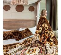 JML Sherpa Flannel Blanket, 3-Ply Fleece Blanket with Pillow Shams for Winter- Soft, Warm, Thick, Korean Style, Brown Floral Printing with Embossed Pattern