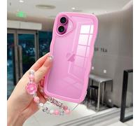 Jmltech for iPhone 16 Plus Case Case Cute Wave with Wristlet Strap Chain Kawaii Girly Wavy Silicone Clear Hybrid Dual Layer Curly Frame Ultra Thin Protective Phone Cases for iPhone 16 Plus Pink