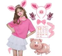 JMOCD Animal Costume Set with Accessories,Pig/Leopard/Tiger/Dalmatian/Giraffe/Black Cat Fancy Dress Up Outfits for World Book Day Halloween Nativity Christmas Carnival Cosplay Accessories (Pink Pig)