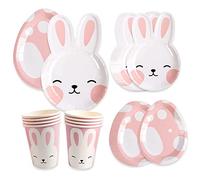 JMOCD Easter Party Supplies Easter Party Tableware Set Bunny Party Paper Plates Cups Colourful Easter Egg and Rabbit Table Decorations for Easter Party Decorations, Serves 24