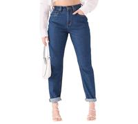 JMOJO Mom Jeans - Relax Fit Straight Leg Style Ladies Stretch Pants with Internal Waist Adjuster - High Waisted - Ladies Jeans Mid Blue