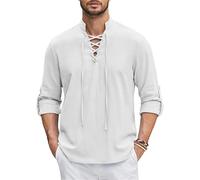 JMORCO Shirts for Men Adult Men's Shirt Medieval Viking Top Cotton Linen Shirts Men Long Sleeved Halloween Costume(White,XXL)