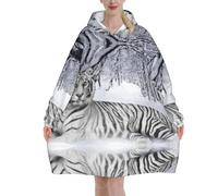 Jmorco White Tiger Blanket Hoodie Oversized Wearable Hooded Blanket Warm Throw Blanket Sweatshirt For Women Men Teens 320g Flannel