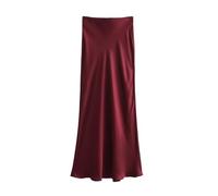 JMORCO Women's Half Slips Spring Summer Solid Color Satin Skirt Women Temperament Elegant Slim A-line Long Skirts Trendy Lady Banquet Clothing(Burgundy,XS)