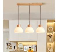 JMrider Nordic Style 3-Light Pendant Lamp Wabi-Sabi Hanging Rubberwood Glass Lampshade Modern LED Height-Adjustable Bedroom Living Room Dining Chandelier Kitchen Villa Office(Beige)