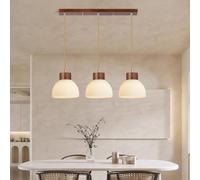 JMrider Nordic Style 3-Light Pendant Lamp Wabi-Sabi Hanging Rubberwood Glass Lampshade Modern LED Height-Adjustable Bedroom Living Room Dining Chandelier Kitchen Villa Office(Brown)